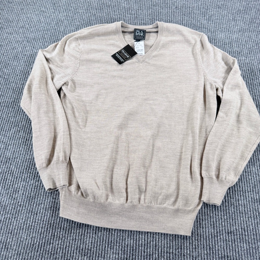 Jos A Bank Traveler Merino Wool V-Neck Sweater Mens Medium Tan Beige NWT